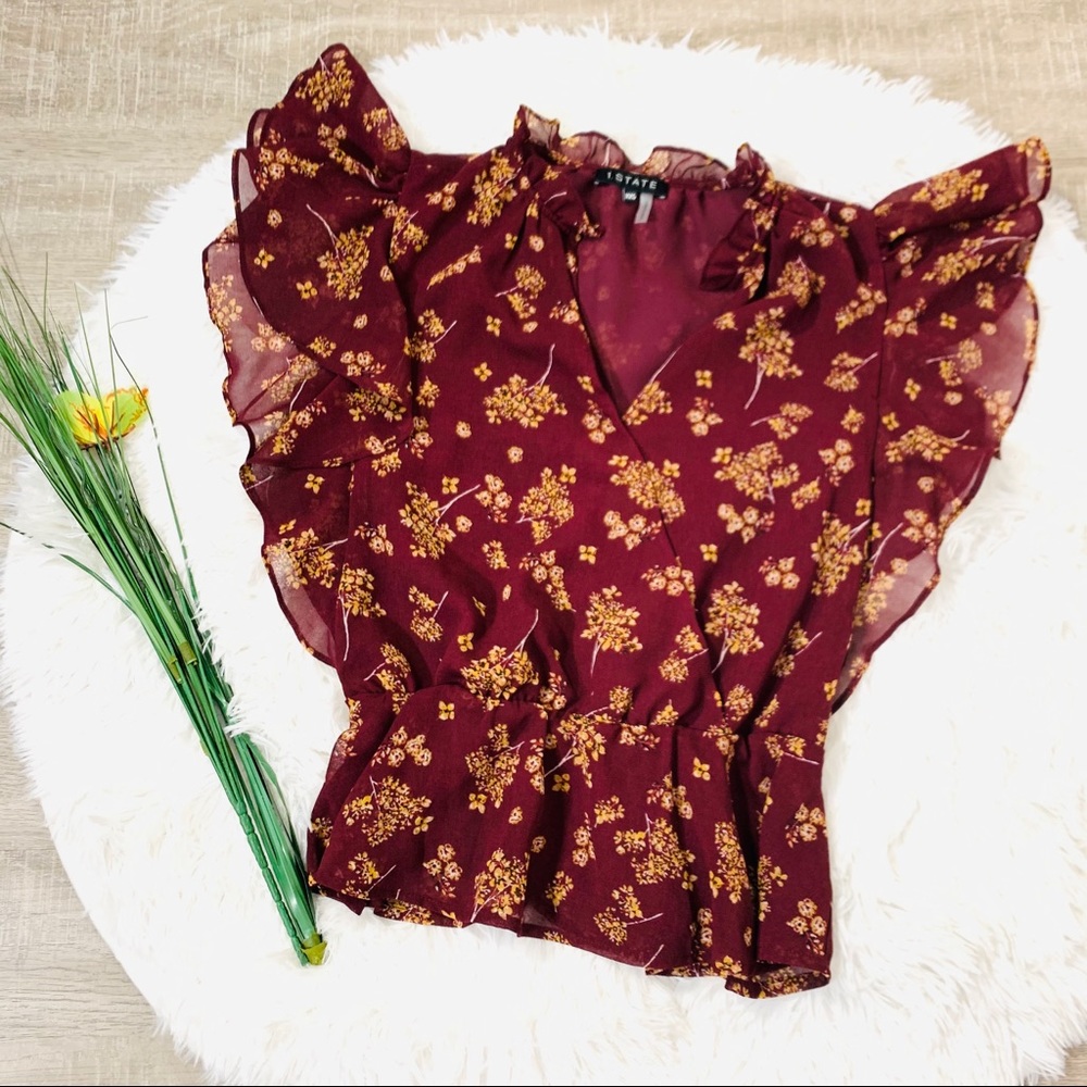 1. State Floral Burgundy Short Sleeve Blouse - Picture 2 of 9